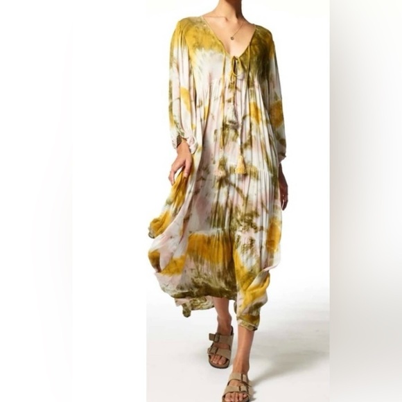 LOWEST PRICE! YBF Dawn Tie-Dye Maxi Dress Rayon Olive Green, Gold w MEASUREMENTS - Picture 5 of 13